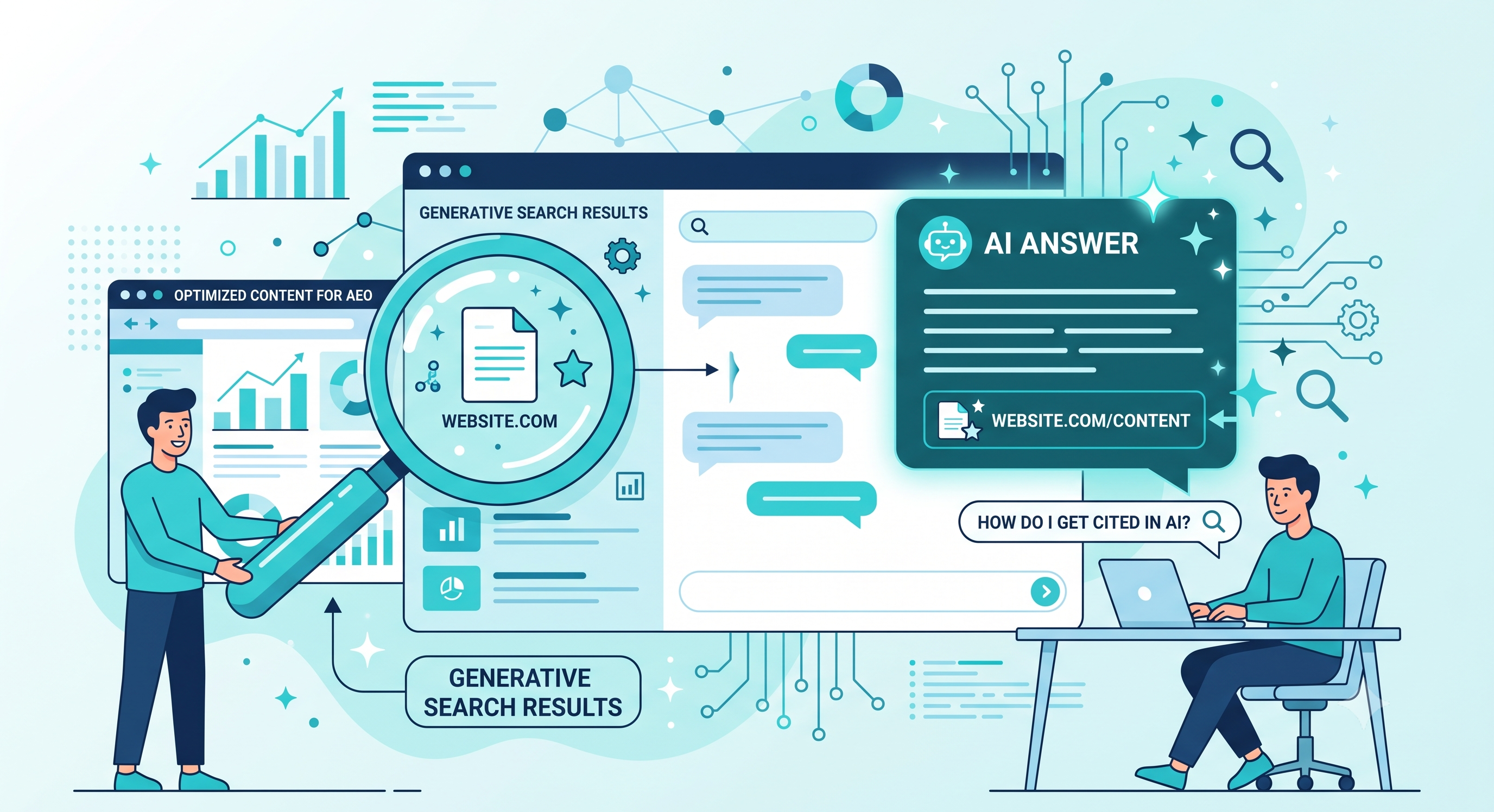 AI 검색 시대의 AEO·GEO 최적화 개념 일러스트