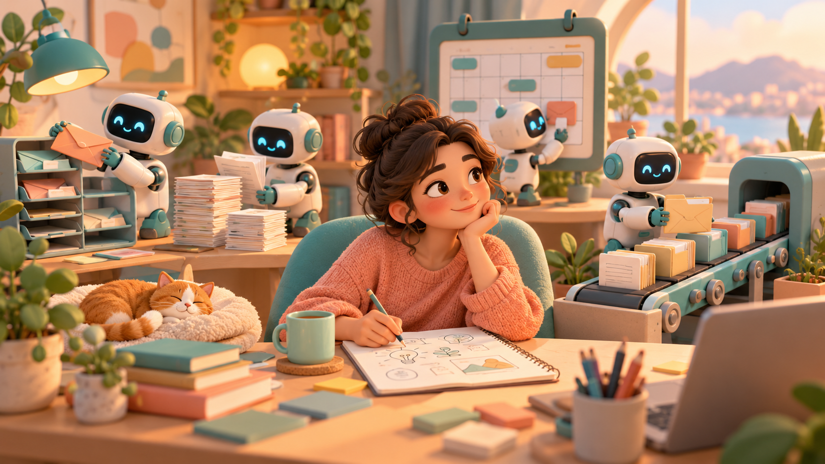 AI 에이전트가 프리랜서의 반복 업무를 자동으로 처리하는 모습을 표현한 3D 일러스트