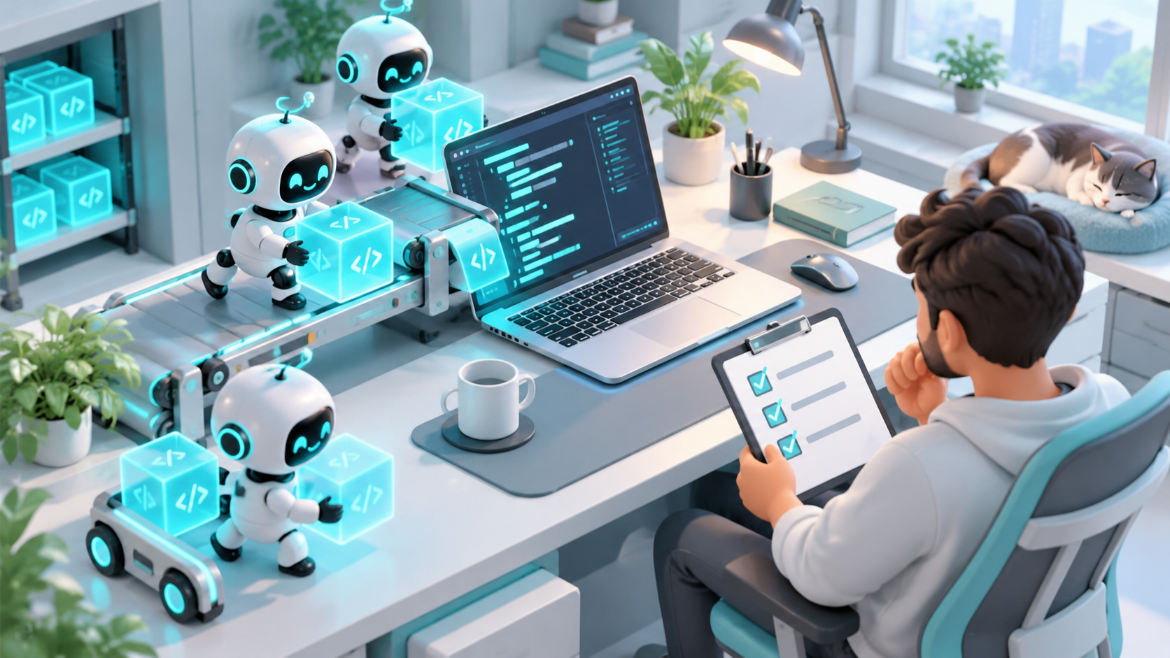 AI 에이전트와 협업하는 프리랜서 개발자 일러스트